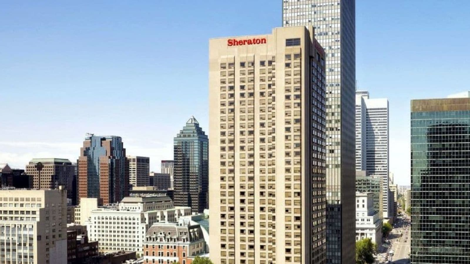 Conference hotel exterior in evening light